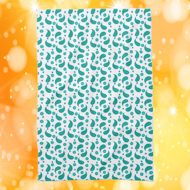 Floral Paisely Boho Pattern Blue Green Tea Towel (A kitchen towel with a boho floral paisely pattern in blue and green.)