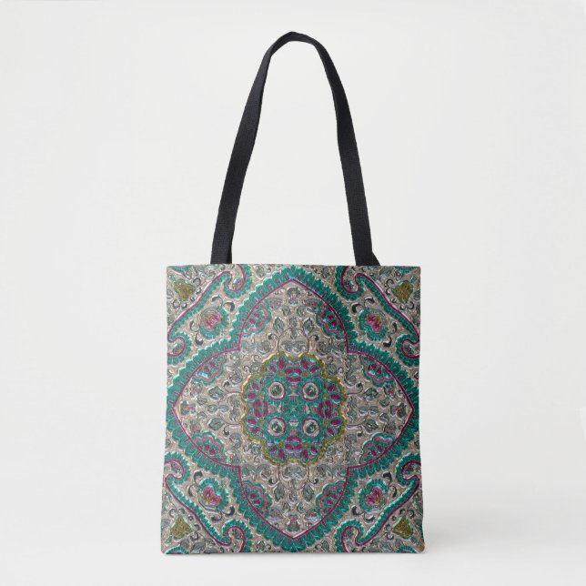Floral paisley elegant jewel pattern teal purple tote bag (Front)