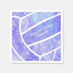 Floral paisley feather doodles purple volleyball napkin