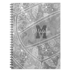 floral paisley feather pattern on grey volleyball notebook