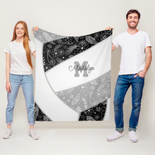 floral paisley feathers black grey volleyball fleece blanket
