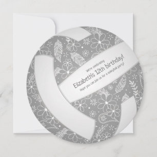 Floral paisley feathers doodles grey volleyball  announcement