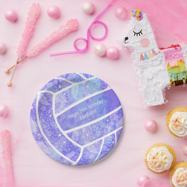 Floral paisley feathers doodles purple volleyball paper plate (Party)