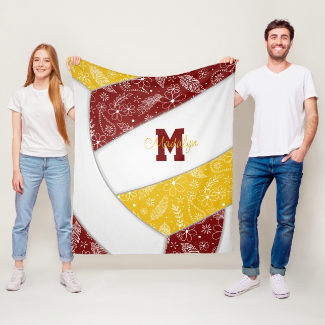 floral paisley feathers maroon gold volleyball fleece blanket (In Situ)