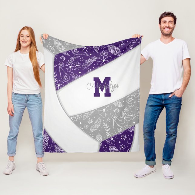 floral paisley feathers purple grey volleyball fleece blanket (In Situ)