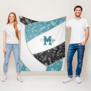 floral paisley feathers teal black boho volleyball fleece blanket