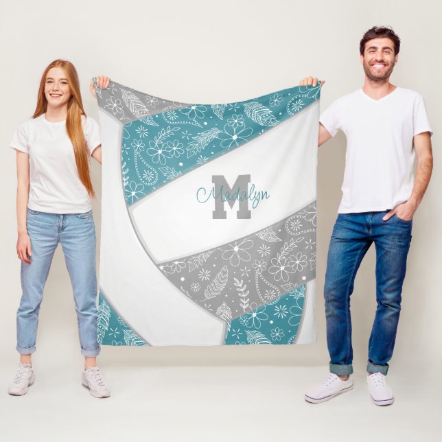 floral paisley feathers teal grey boho volleyball fleece blanket (In Situ)