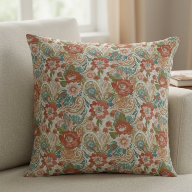 Floral Paisley Mother's Day Gift for Mum Cushion (Boho Floral Pillow - Retro Paisley Design)