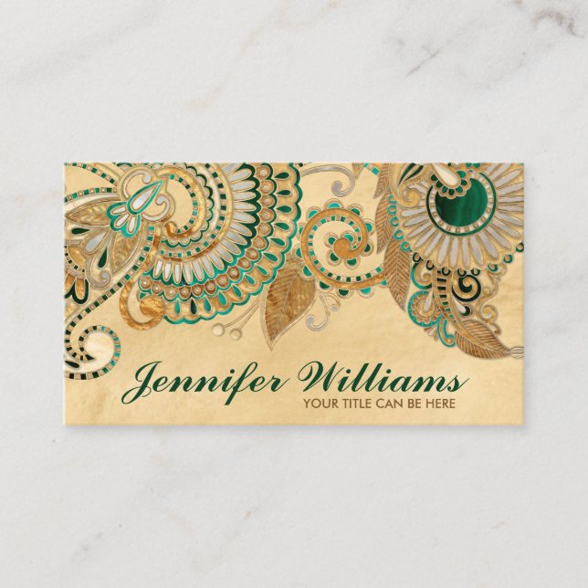 Floral Paisley Ornament Malachite and Gold Business Card (Front)