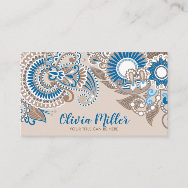Floral Paisley Ornament Pastel Beige and Blue Business Card (Front)