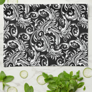 Floral paisley pattern black white tea towel