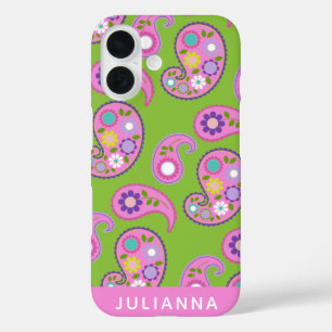 Floral Paisley Pattern Pink Green Personalised iPhone 16 Case