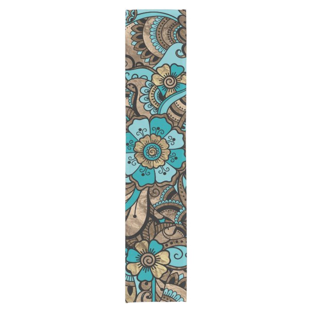 Floral Paisley Pattern - teal and golds Short Table Runner (Front)