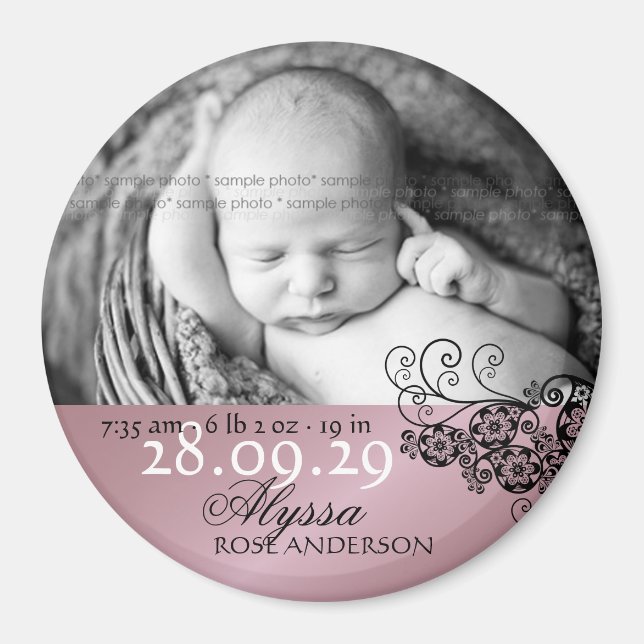 Floral Paisley Photo Birth Announcement Magnet (Front)