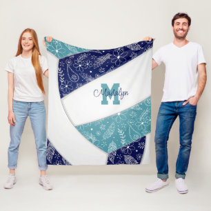 floral paisleys pattern navy blue teal volleyball fleece blanket