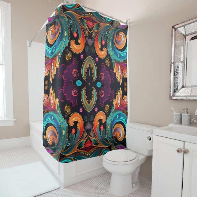 Floral Paisly Swirls Bold Colourful Shower Curtain (In Situ)