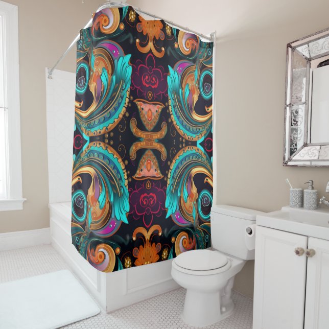 Floral Paisly Swirls Bold Colourful Shower Curtain (In Situ)