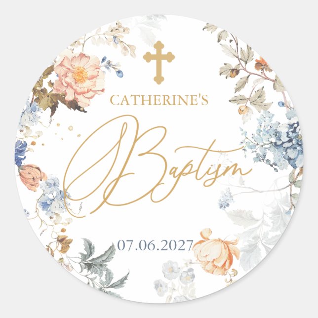 Floral Pale Peach Blush Blue Cross Baptism  Classic Round Sticker (Front)