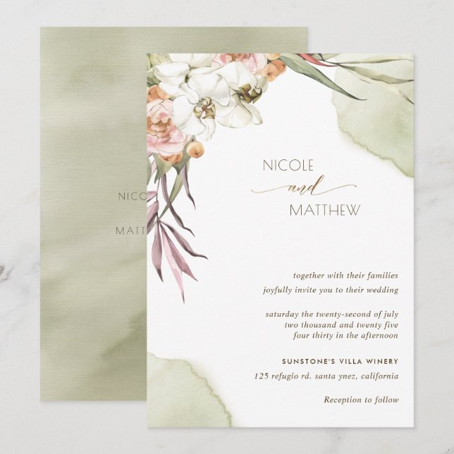 Floral Palm Leaves, Green and Peach Wedding Invitation (Front/Back)