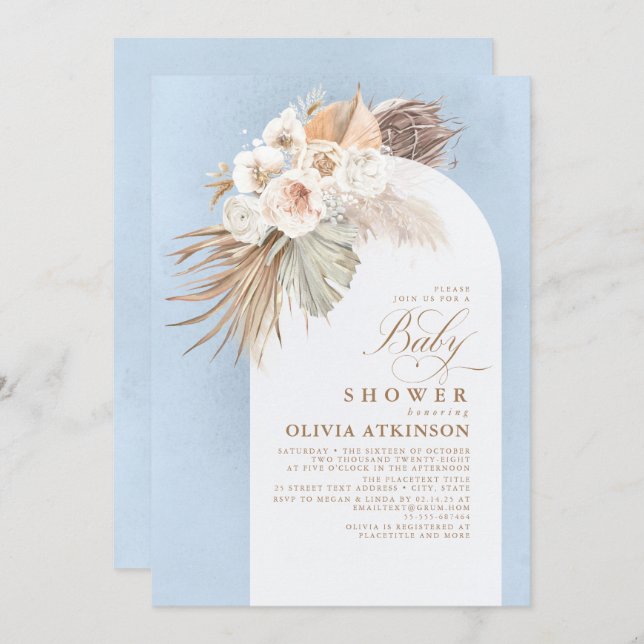 Floral Pampas Grass Boho Dusty Blue Baby Shower Invitation (Front/Back)