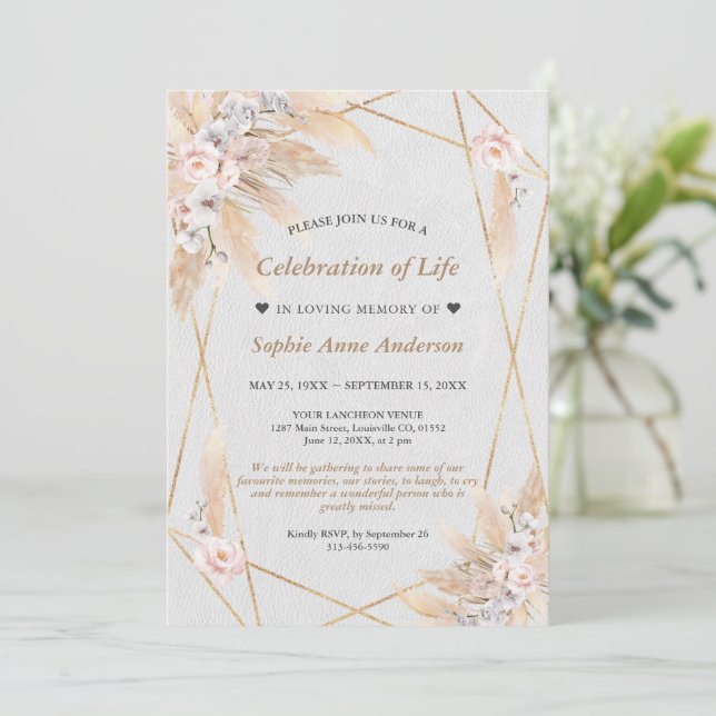 Floral Pampas Grass Celebration of Life Memorial Invitation (Standing Front)