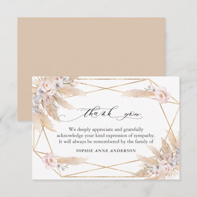 Floral Pampas Grass Celebration of Life Memorial Thank You Card (Front/Back)