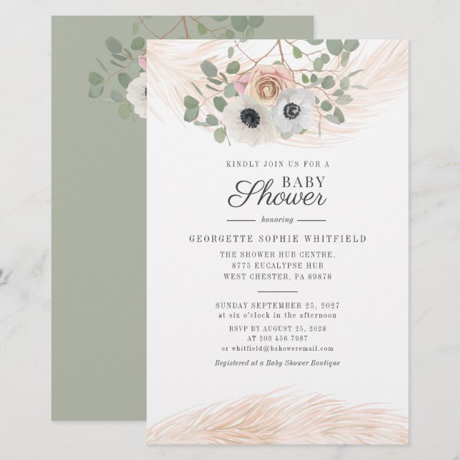 Floral Pampas Grass Eucalyptus Baby Shower Stationery (Front/Back)