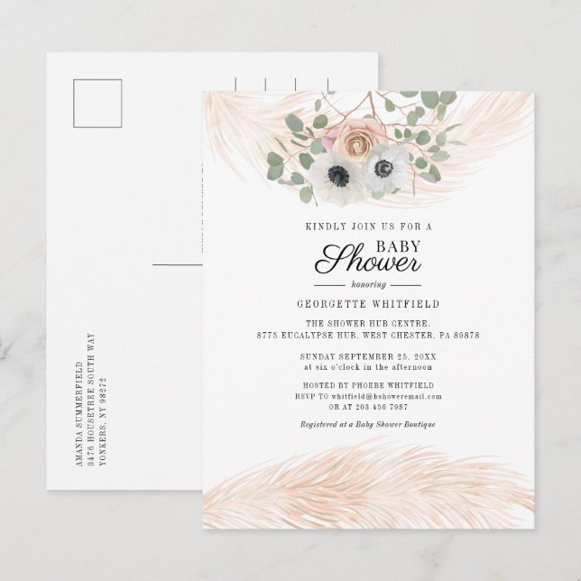 Floral Pampas Grass Girl Baby Shower Invitation Postcard (Front/Back)