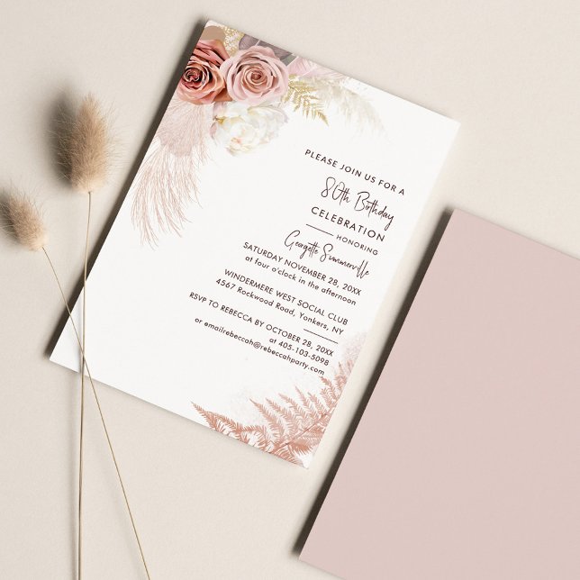 Floral Pampas Grass Terracotta 80th Birthday Invitation (80th Birthday Party Pampas Grass Invitation)
