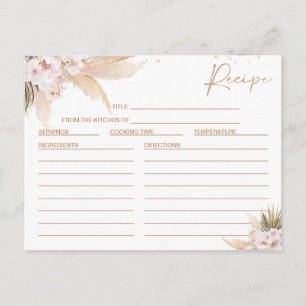 Floral Pampas Rose Gold Bridal Shower Recipe Card