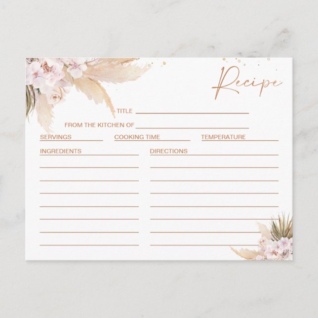 Floral Pampas Rose Gold Bridal Shower Recipe Card (Front)