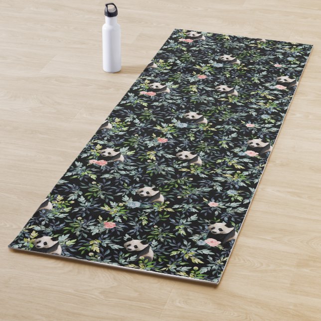 Floral Panda Pattern with Pink and Blue Roses Yoga Mat (In Situ)