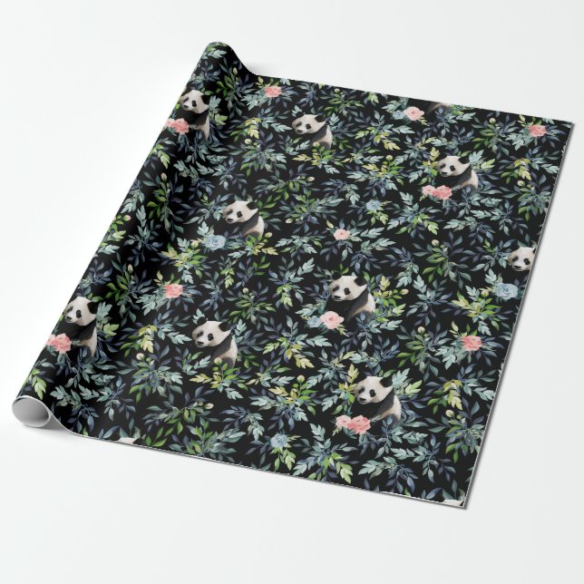 Floral Panda Pattern Wrapping Paper (Unrolled)