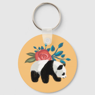 Floral Panda with Rose on Peach Key Ring