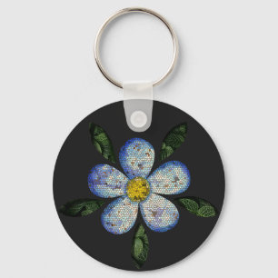 Floral Panel in Vitral with Blue and Purple Tons Key Ring