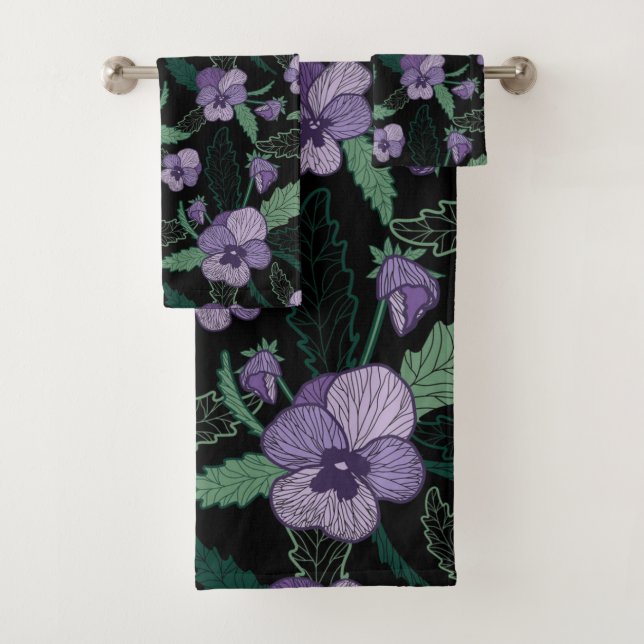 Floral Pansy with Foliage on Dark Background Bath Towel Set (Insitu)