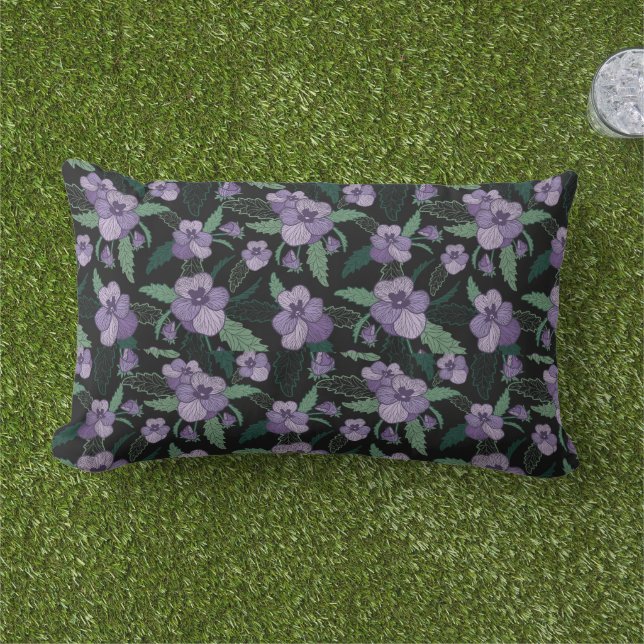 Floral Pansy with Foliage on Dark Background Outdo Lumbar Cushion (Grass)