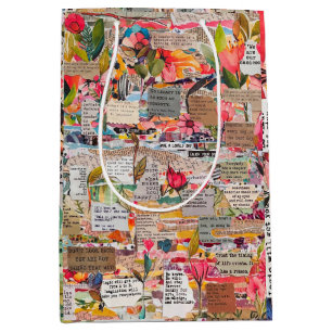Floral Paper Collage Typography Mixed Media  Medium Gift Bag