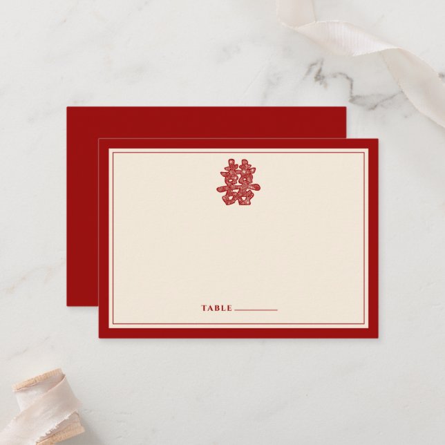 Floral Paper Cut Double Happiness Chinese Wedding Place Card (Front/Back In Situ)