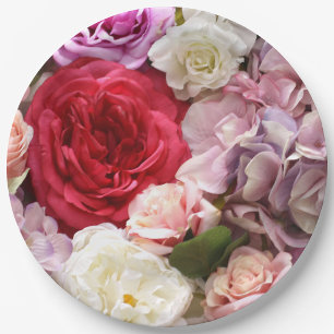 Floral paper plates with roses and hydrangeas