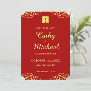Floral papercut rose red and gold Chinese wedding Save The Date