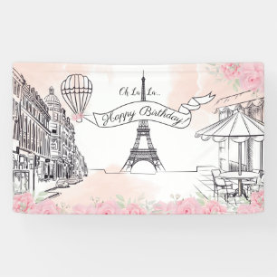 Floral Paris backdrop Happy Birthday banner