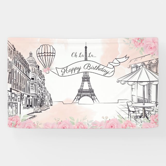 Floral Paris backdrop Happy Birthday banner (Horizontal)