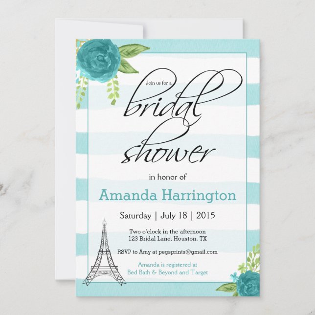 Floral Paris Bridal Shower Invitation - Watercolor (Front)