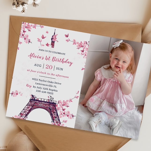 Floral Paris Eiffel Tower 1st Birthday Party Photo Invitation (Creator Uploaded)