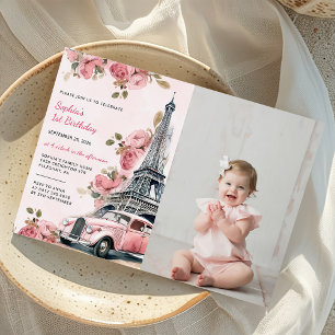 Floral Paris Eiffel Tower 1st Birthday Photo  Invitation
