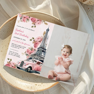 Floral Paris Eiffel Tower 2nd Birthday Photo  Invitation