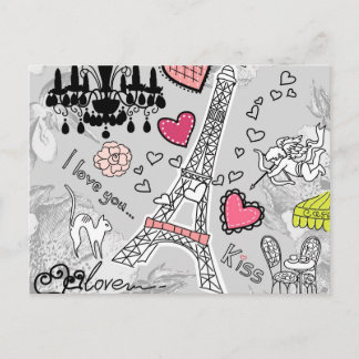 Floral Paris Eiffel Tower black pink and grey Postcard