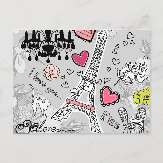 Floral Paris Eiffel Tower black pink and grey Postcard (Front)
