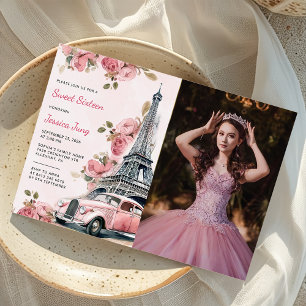 Floral Paris Eiffel Tower Sweet 16 Birthday Photo  Invitation